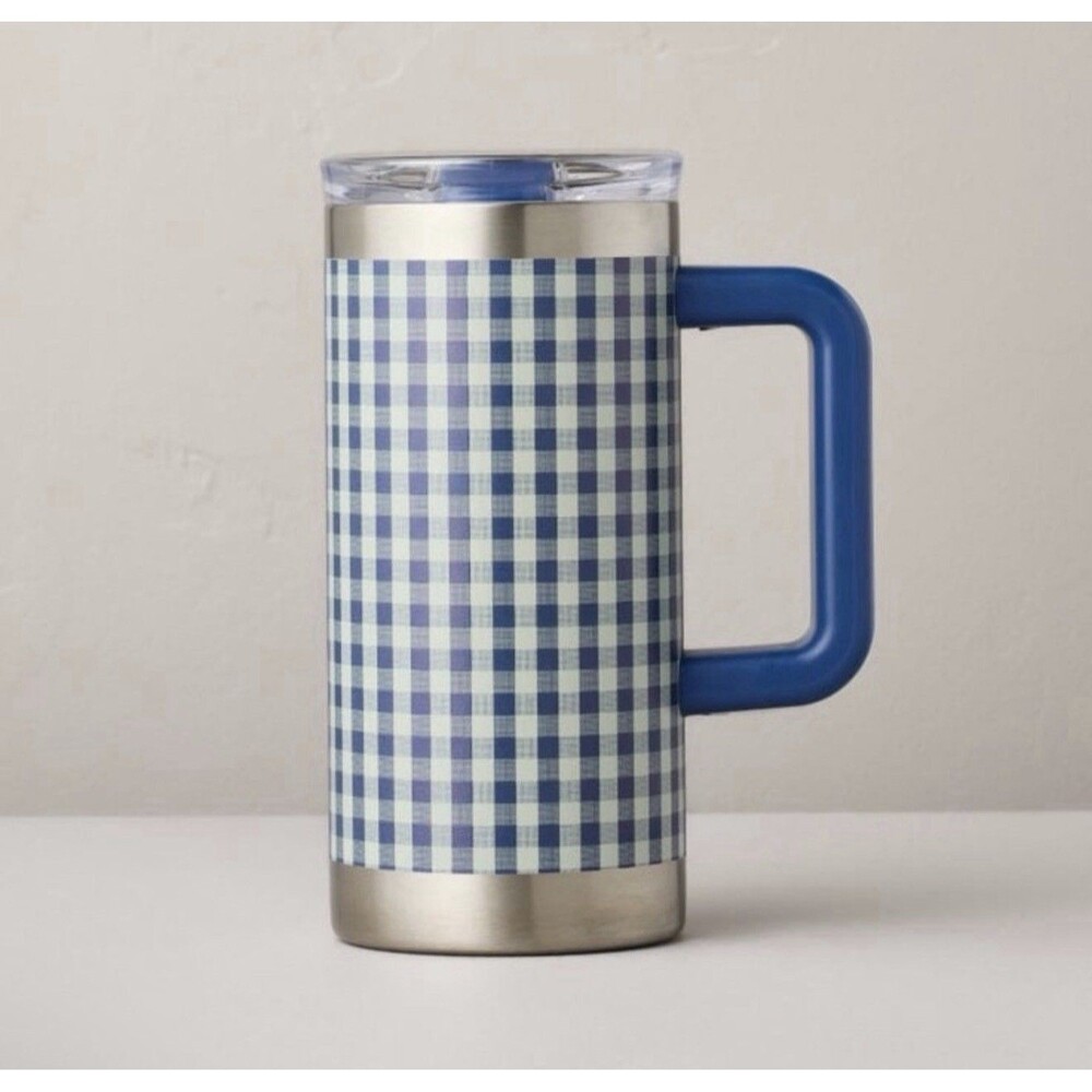 Hearth & Hand Magnolia 20oz Stainless Steel Travel Mug Blue Gingham New